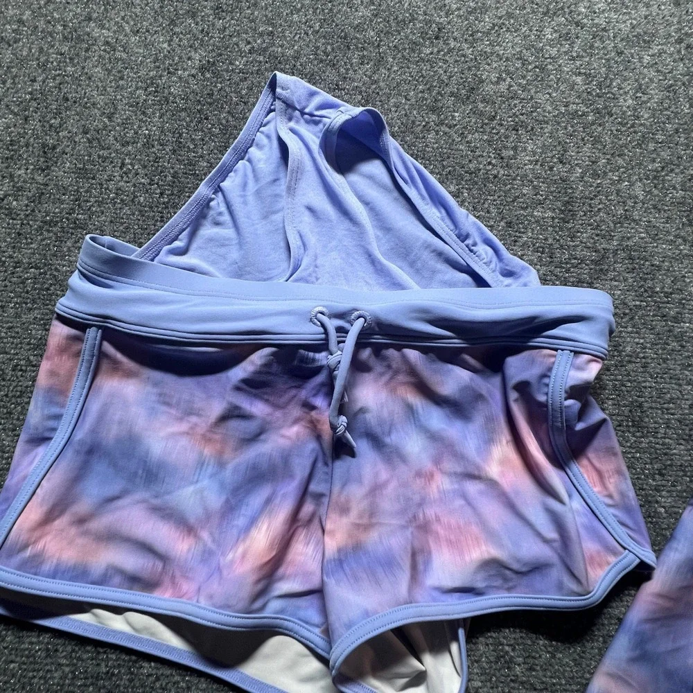 Athleta Girl Purple Pink Tie Dye Tankini Swimsuit Set XL 14 Swim Shorts Beach
